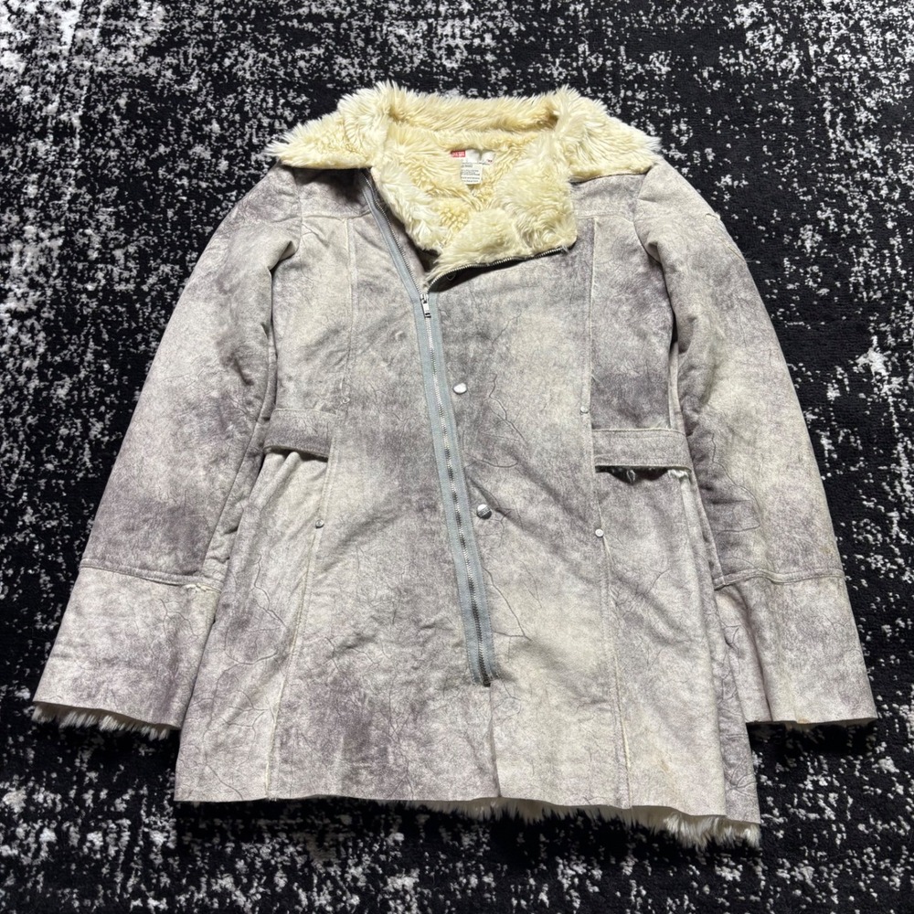 Diesel Vintage Y2K Faux Shearling Coat Grey Distressed Asymmetric Zip XXL